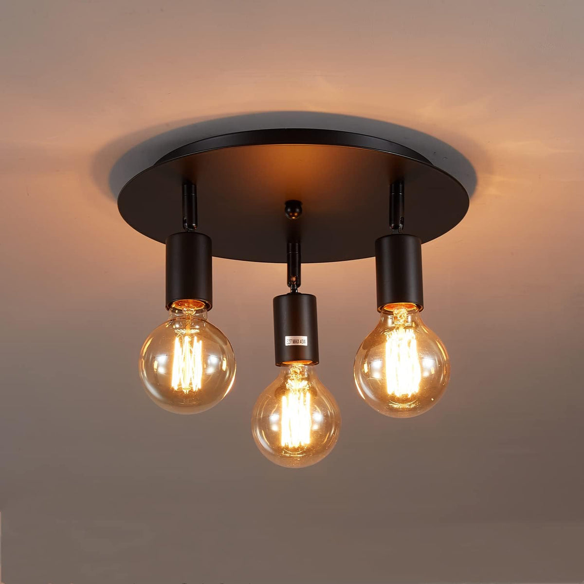 Lightsjoy 3-Way Rotatable Black Ceiling Spot Light – Vintage E27 Flush Mount