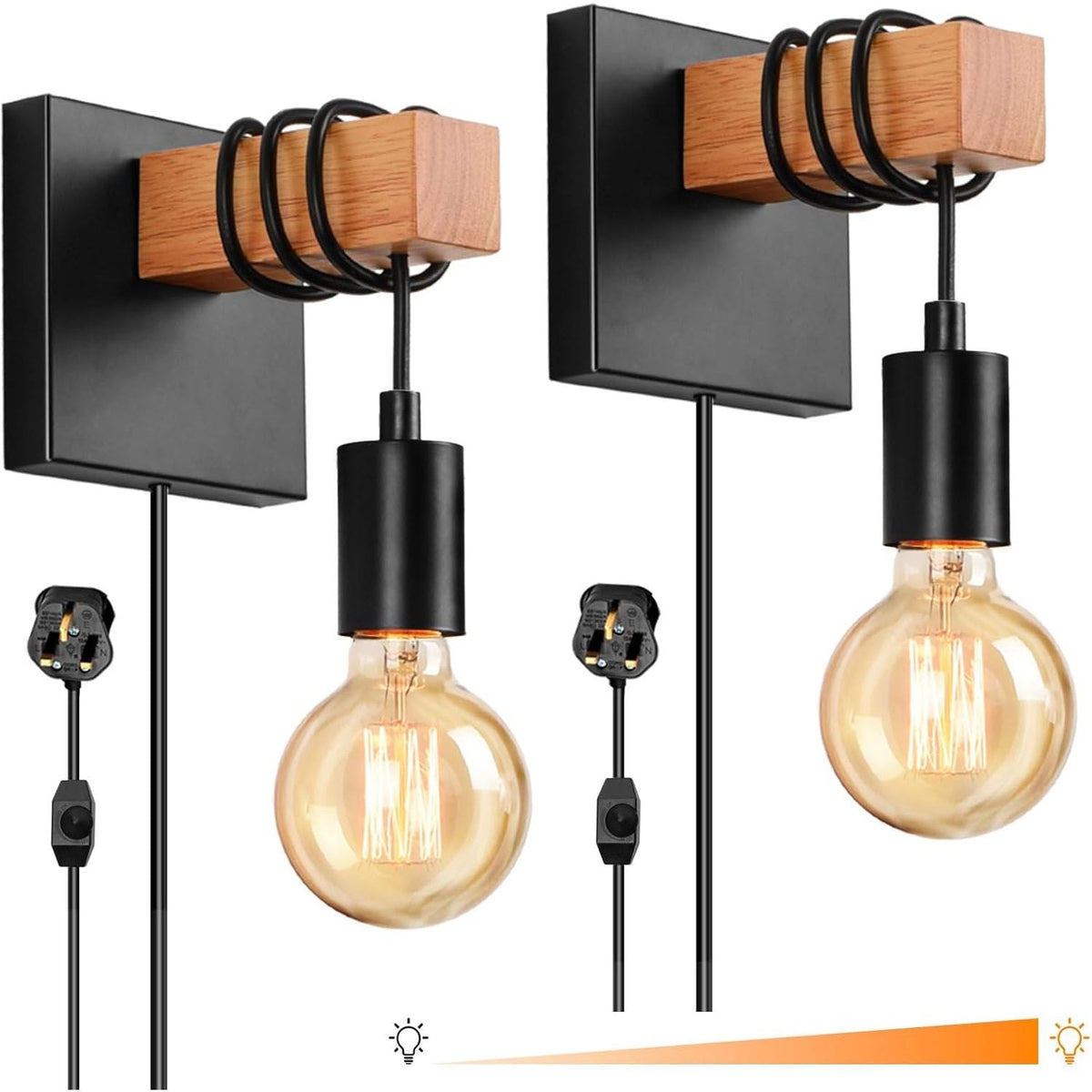 Lightess 2-Pack Plug-In Wall Lights – Dimmable Wood Sconces with Switch Black