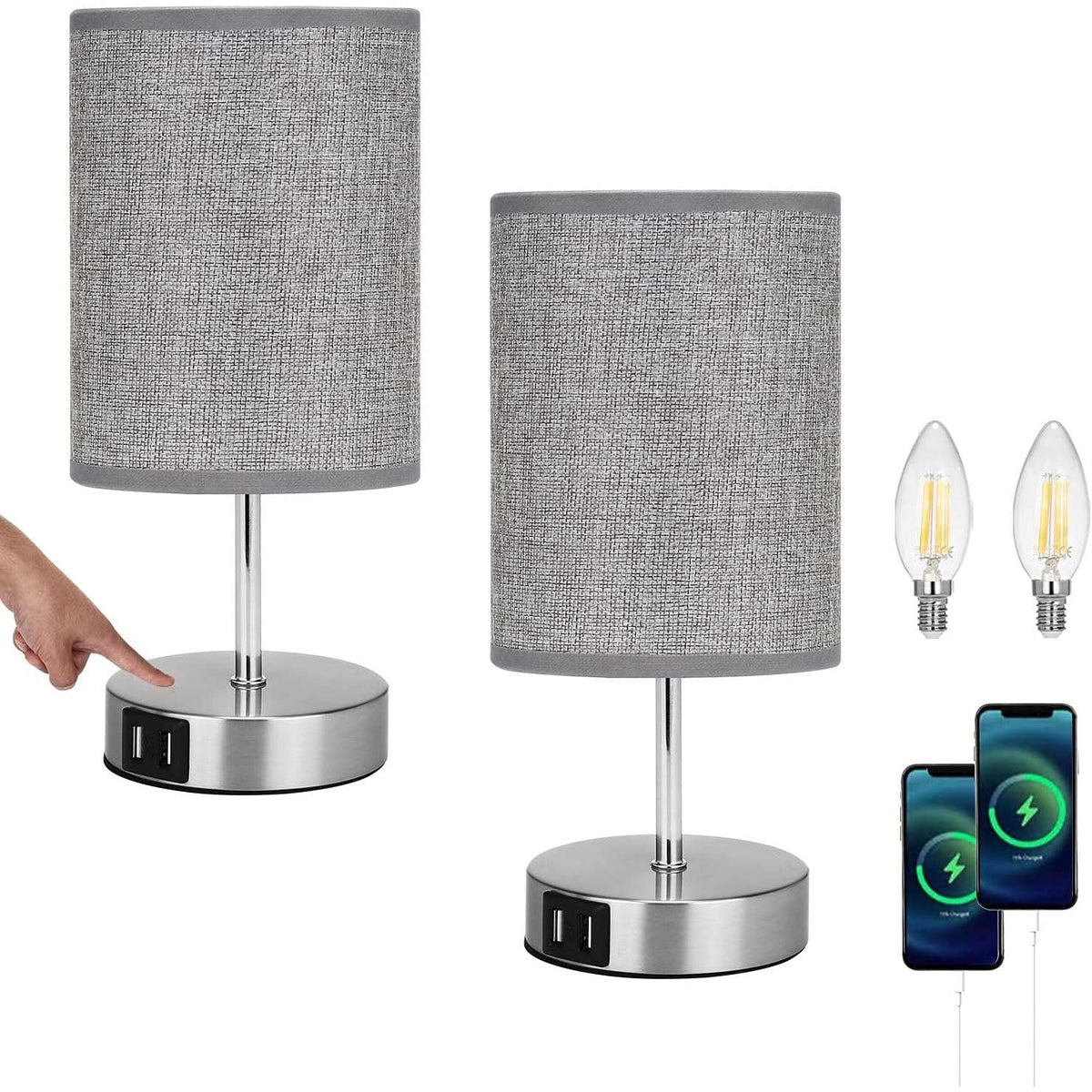 Lightess 2x Touch Bedside Lamps Grey, USB, Dimmable, E14 Bulbs Included – Round