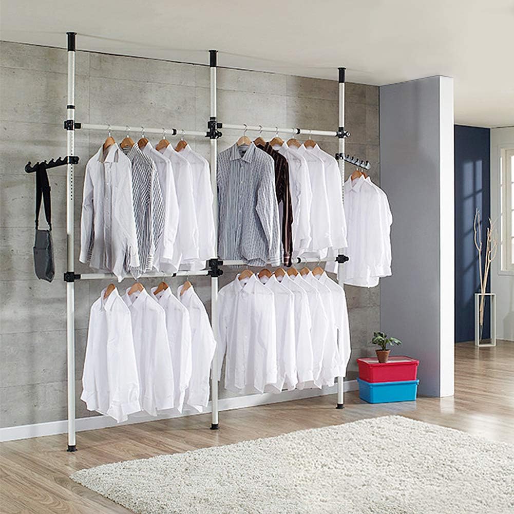 Telescopic Clothes Rail Adjustable Wardrobe Organiser 3 Poles 4 Bars Cocoarm