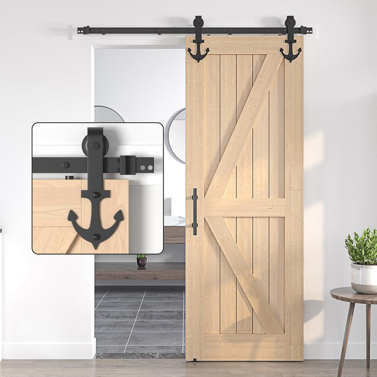 Sliding Barn Door Kit 7FT Heavy Duty Anchor Shaped Black Track SANKEYTEW