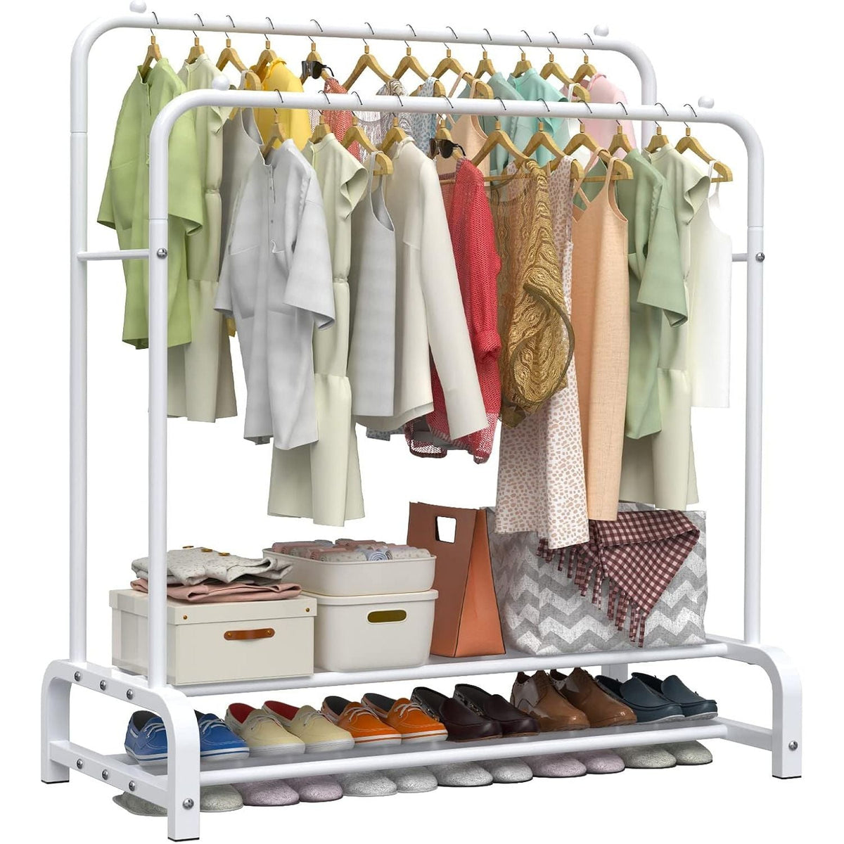 LOEFME 2-Tier Clothes Rail – Double Metal Garment Rack, White