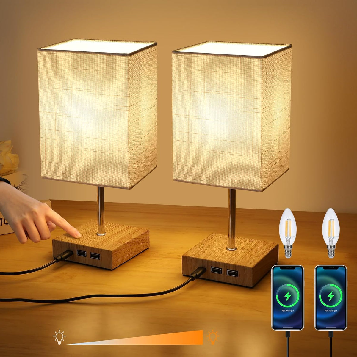 Touch Table Lamps 2-Pack with USB C Dimmable Bedside Lights White Lightsjoy