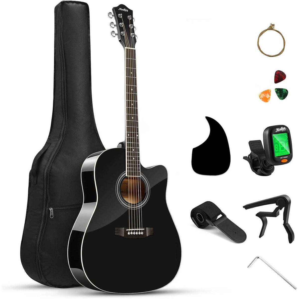 Acoustic Guitar Full Size 41 Inch Cutaway Starter Kit with Accessories Moukey