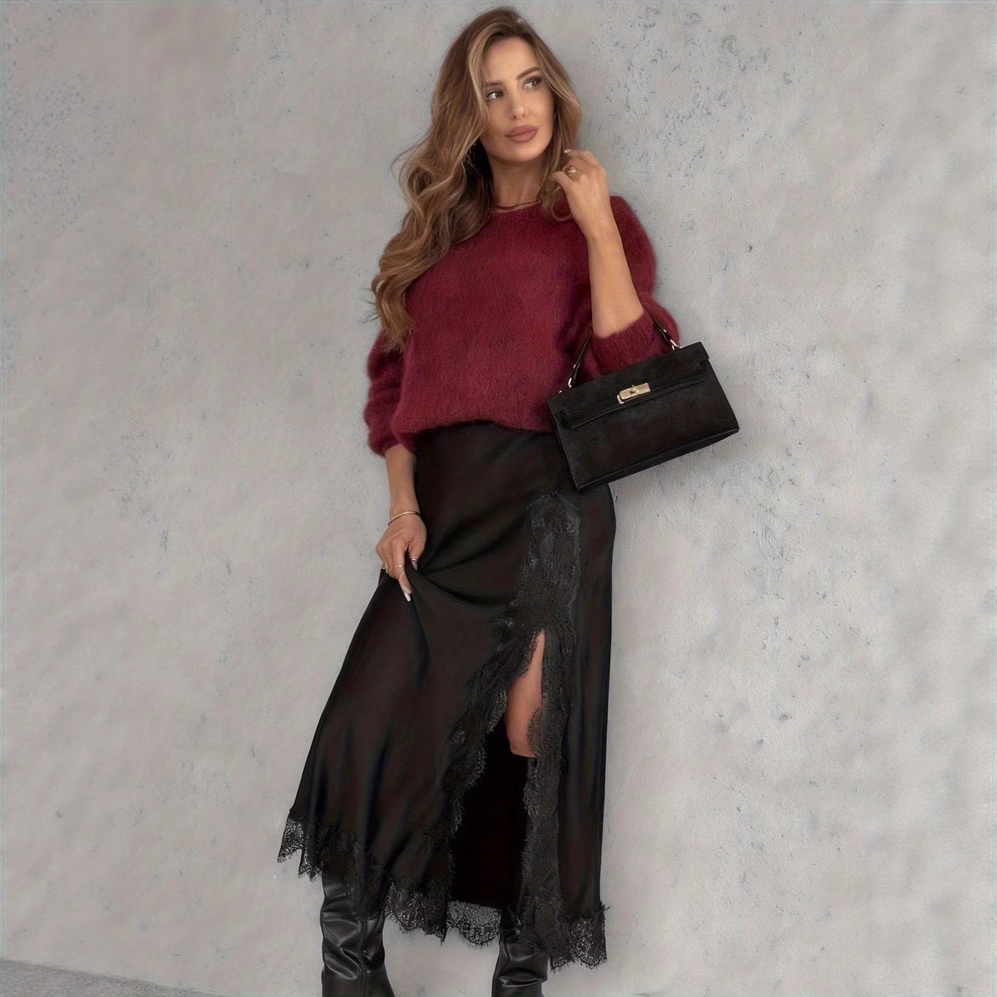 Spring New High-Slit Satin Skirt Solid Color