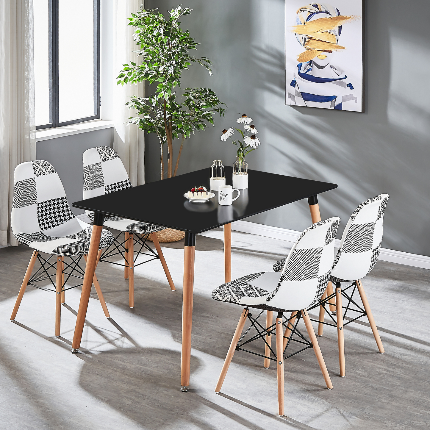 Black/White Patchwork Modern Dining Chair with Wooden Legs & Black Metal Wire Frame