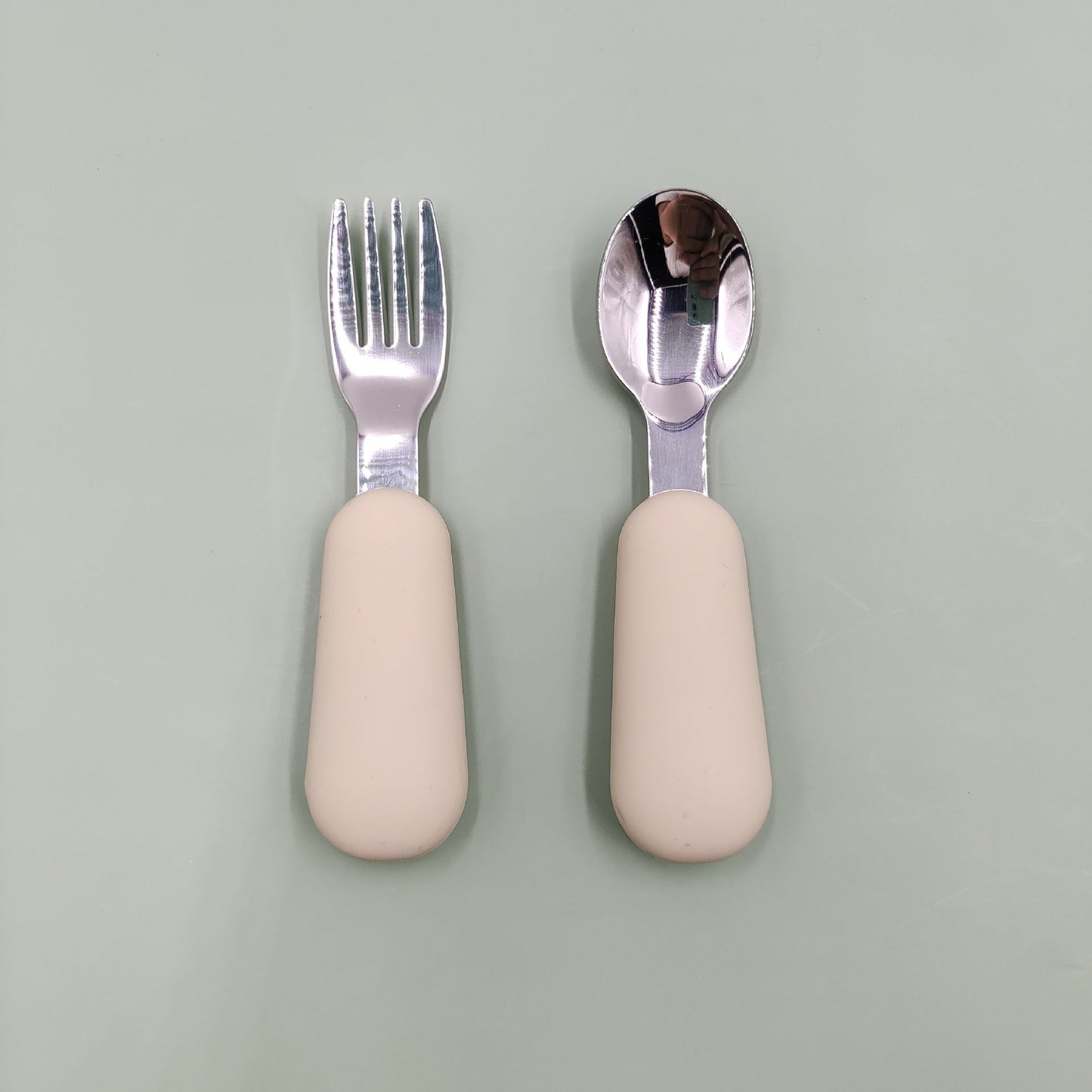 Stainless Steel Baby Spoon Fork Set - Short Handle Silicone Grip
