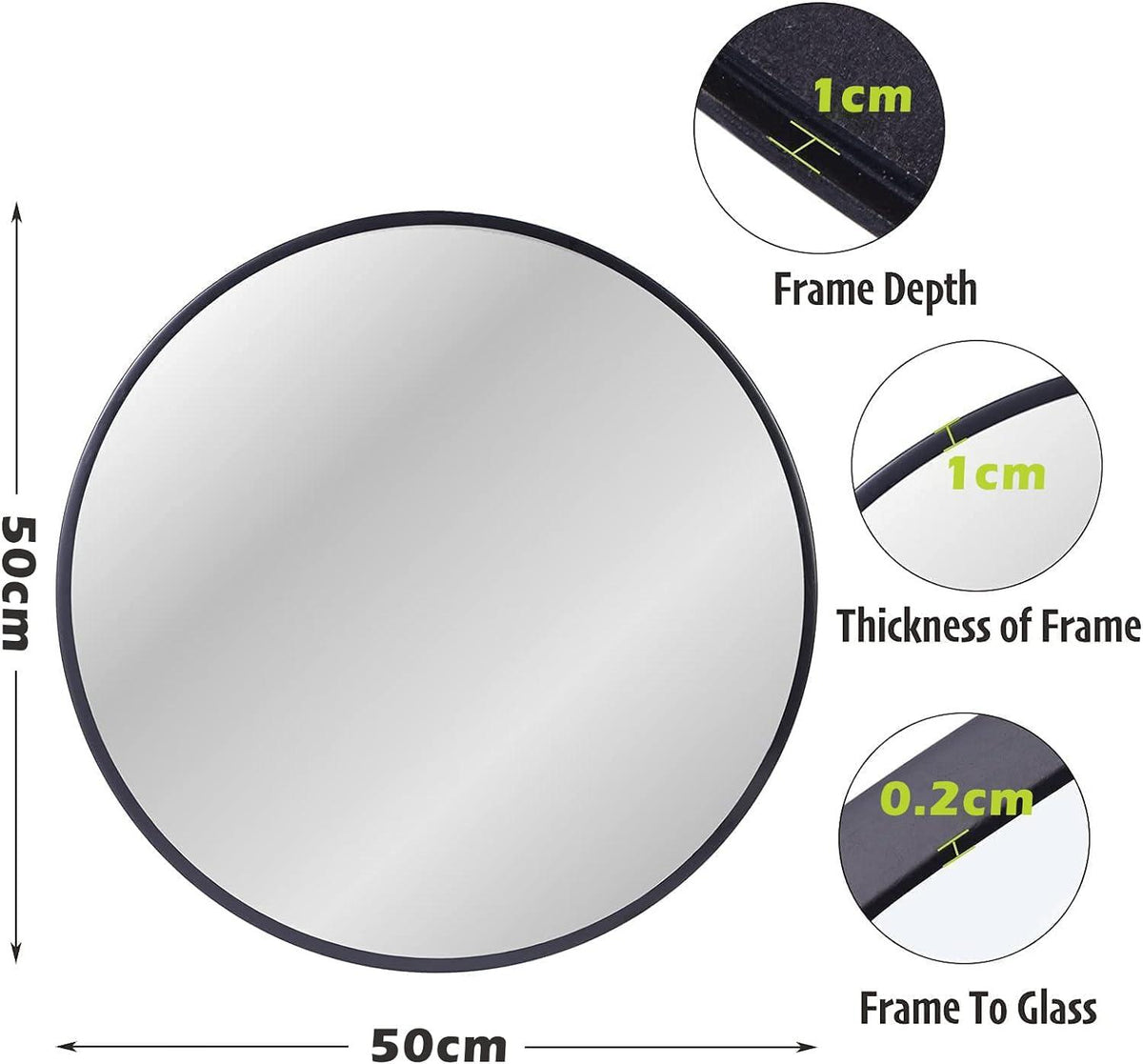 Round Wall Mirror 50x50cm Metal Frame Black Bathroom Living Room Decor ZENIDA