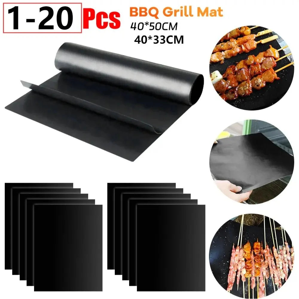 1–20Pcs Non-Stick BBQ Grill Mat – Reusable Heat-Resistant Outdoor Baking Sheet Pad for Barbecue, 40x50cm & 33x40cm