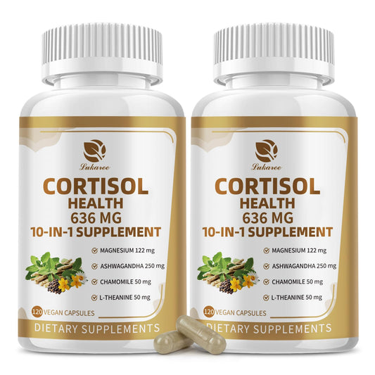 Lukaree 10-in-1 Cortisol Supplements – KSM-66 Ashwagandha + L-Theanine, 120 Caps (2 Pack)