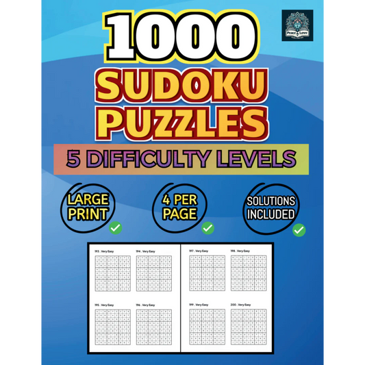 1000 Sudoku Puzzles - 5 DIFFICULTY LEVELS - 4 Per Page - Large Print - Solutions Included