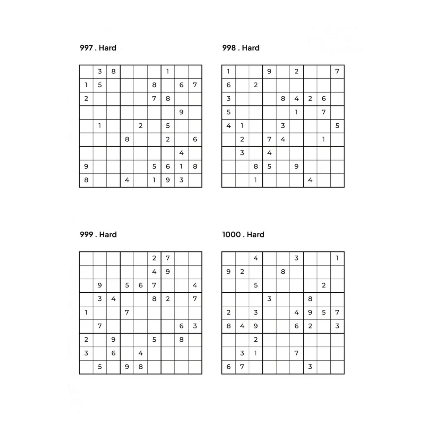 1000 HARD Sudoku Puzzles - 4 Per Page - Large Print - Solutions Included