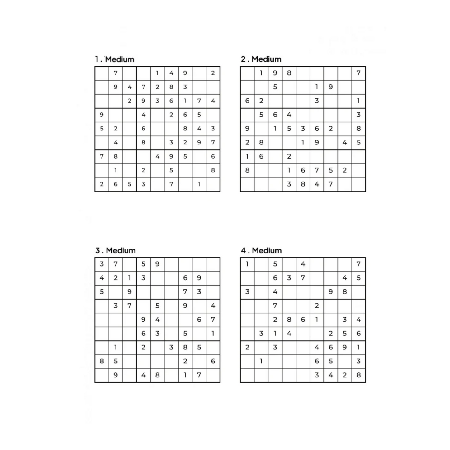 1000 MEDIUM Sudoku Puzzles - 4 Per Page - Large Print - Solutions Included