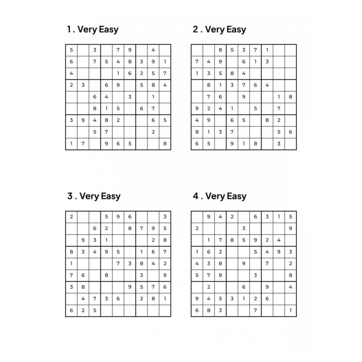1000 VERY EASY Sudoku Puzzles - 4 Per Page - Large Print - Solutions Included
