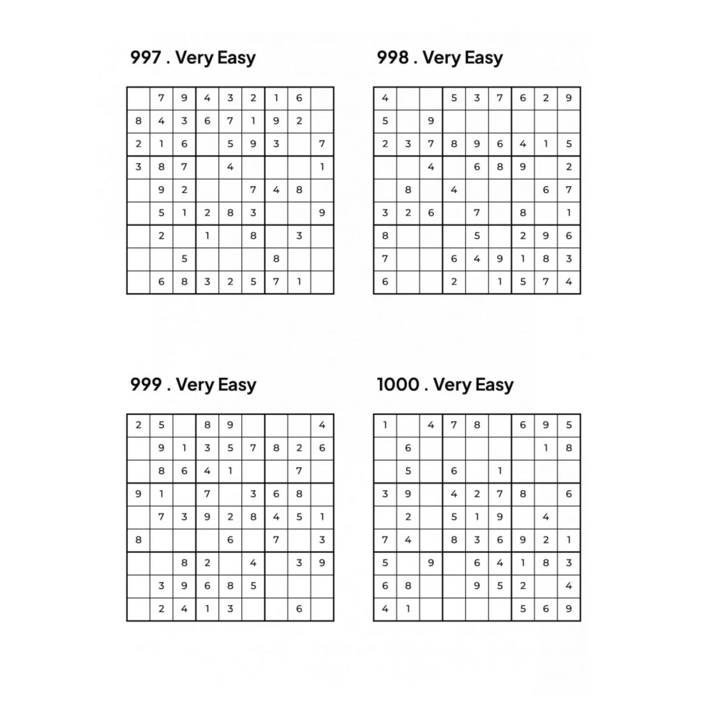 1000 VERY EASY Sudoku Puzzles - 4 Per Page - Large Print - Solutions Included