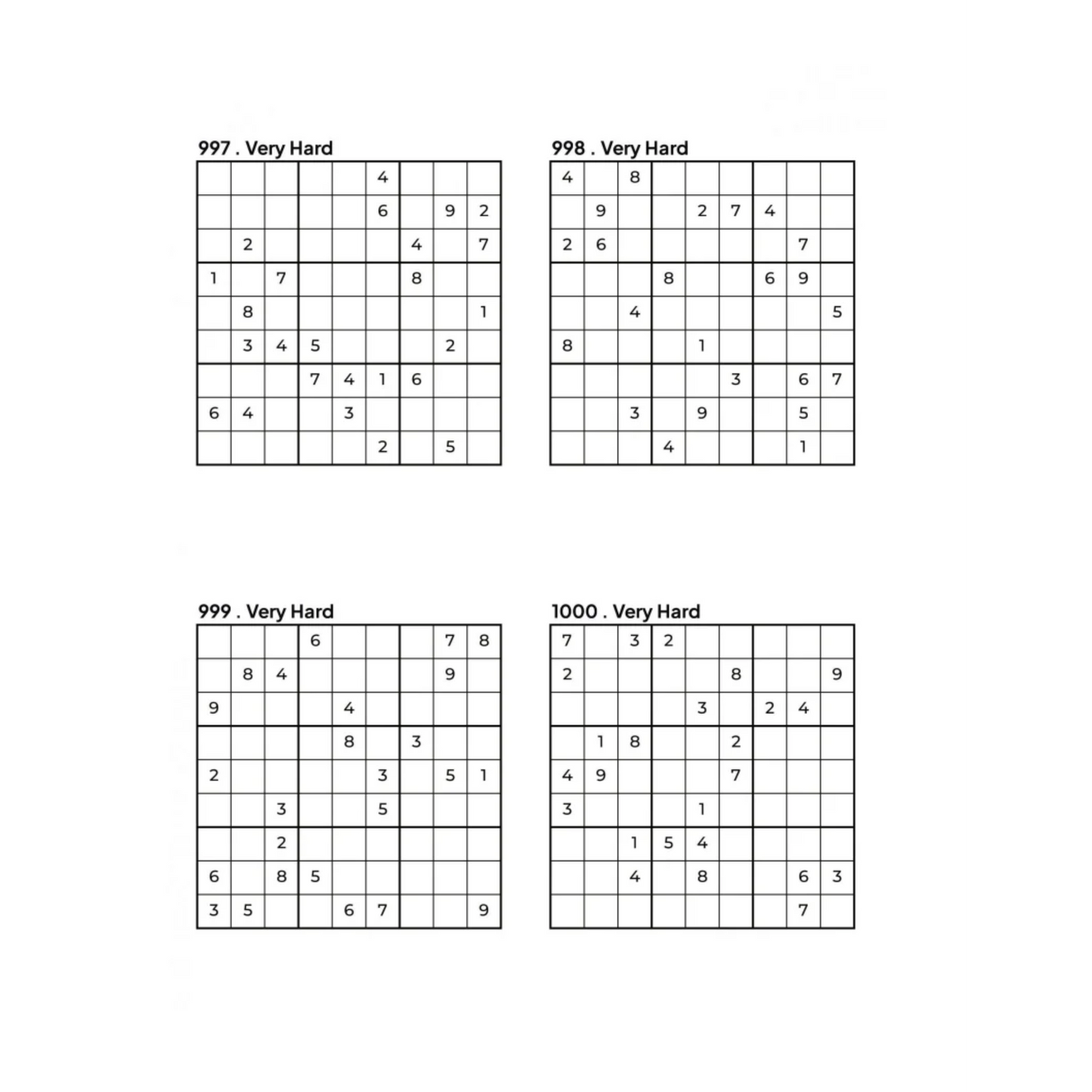 1000 VERY HARD Sudoku Puzzles - 4 Per Page - Large Print - Solutions Included