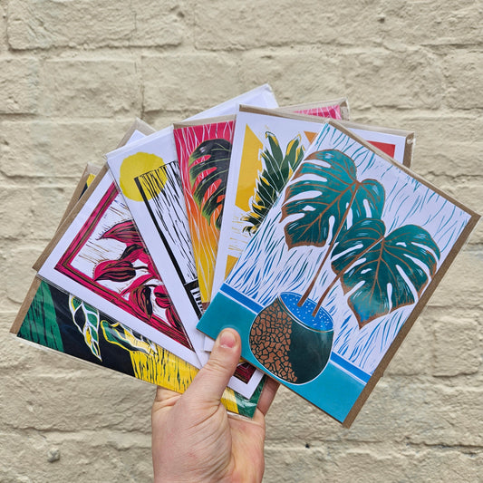 House Plant Linocut Greeting Cards - by EJ Sparkles