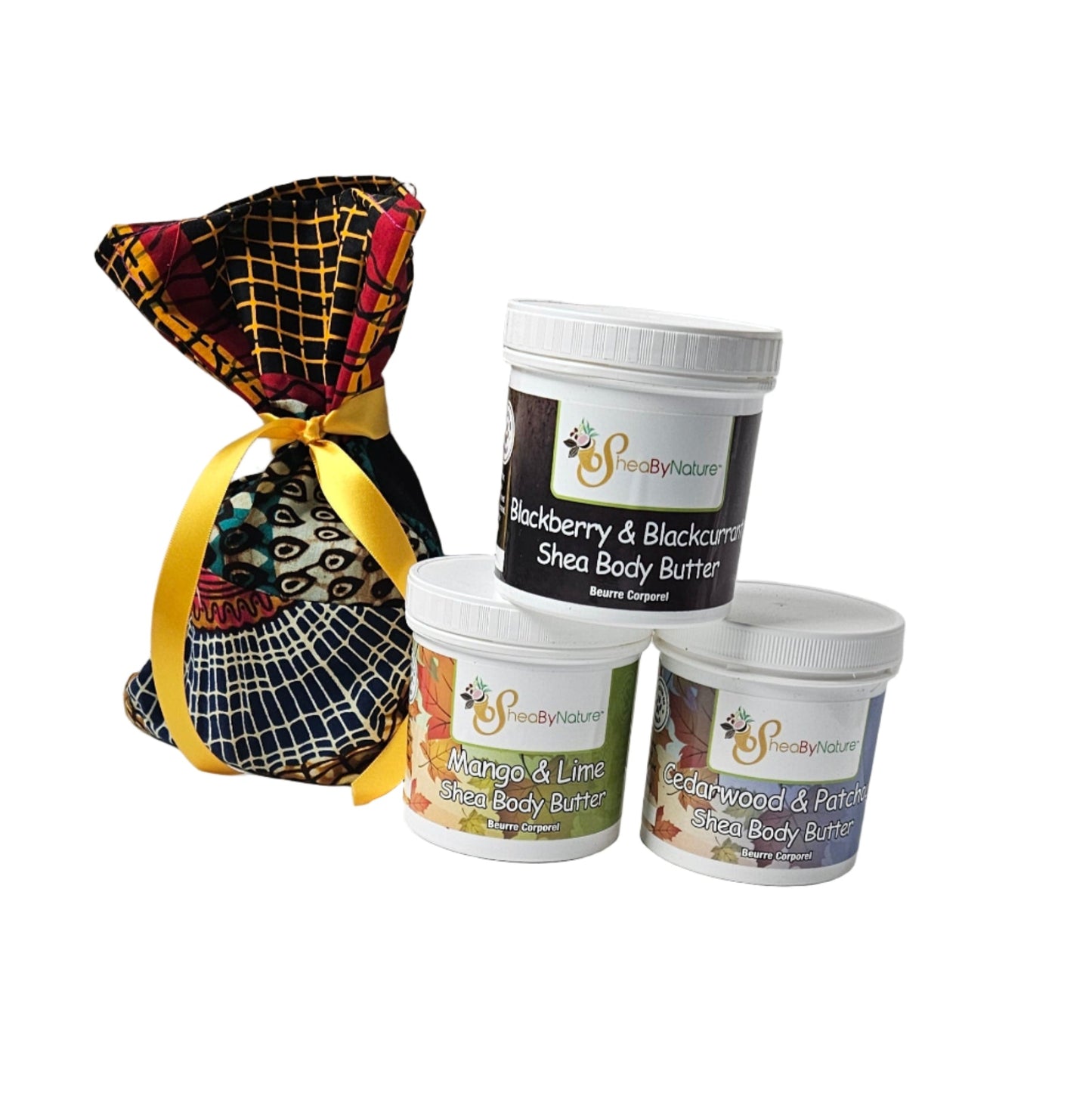 A gift set of Wild Blackberry body butter, Cedarwood Patchouli Body butter,  Mango Lime shea body butter, in a jute bag