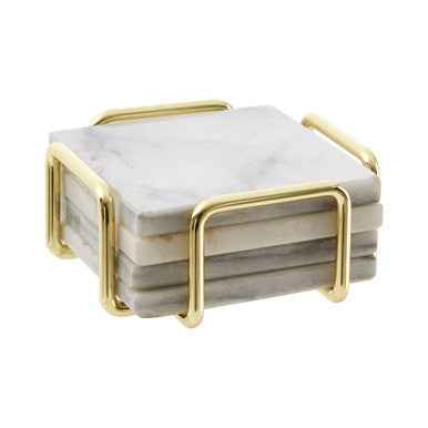 Delphine Set Of 4 White Marble Coasters With Brass Finish Holder