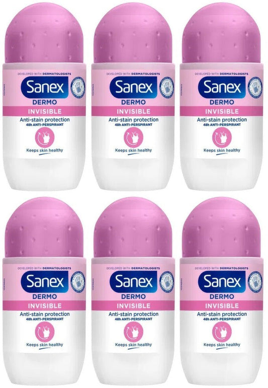 6 x Sanex Dermo Invisible Antiperspirant Deodorant Roll-On 50Ml