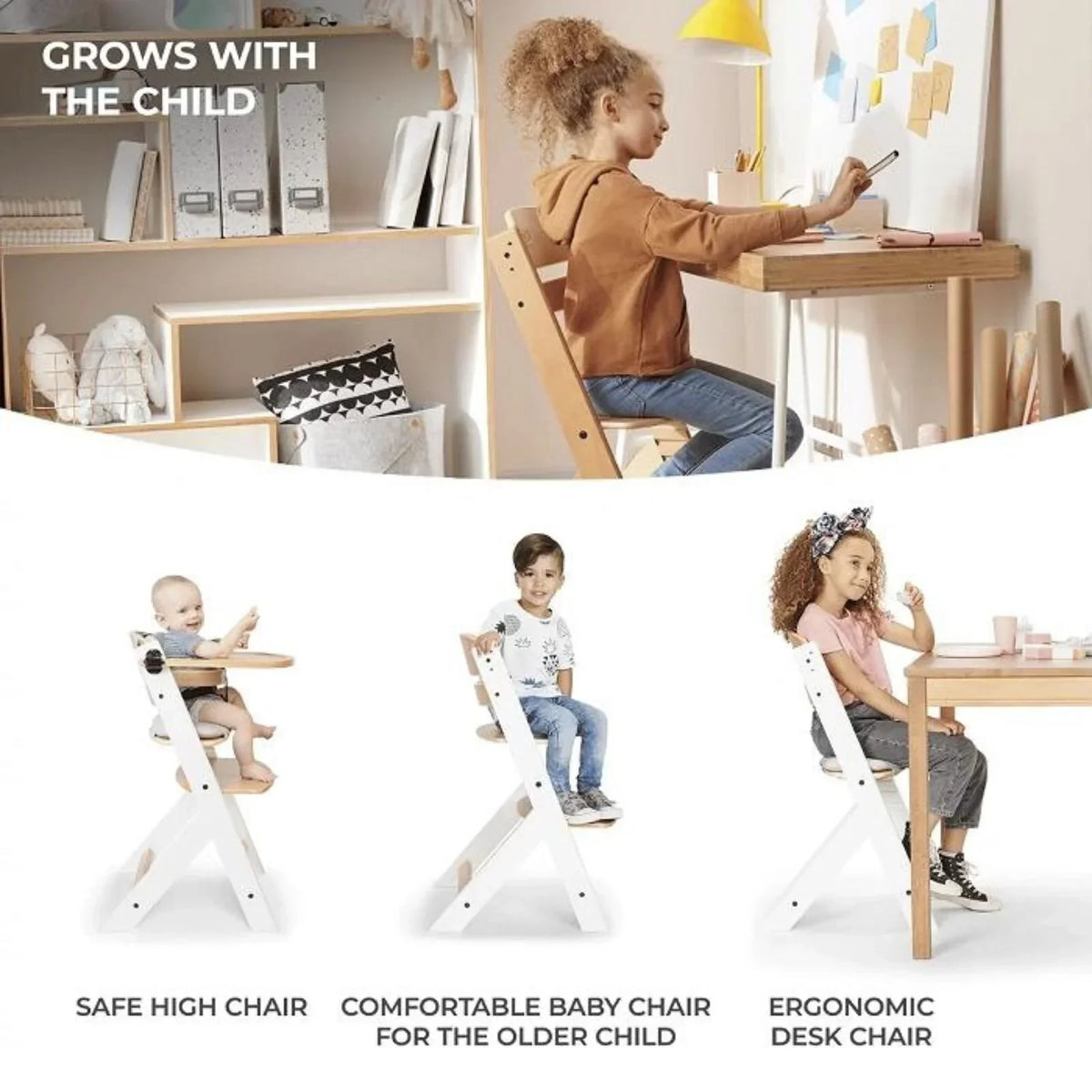 Kinderkraft Enock Wooden Highchair - Wooden White