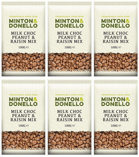 6 x Minton & Donello Milk Choc Peanut & Raisin Mix - 100g