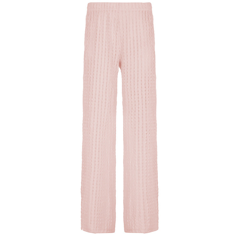 Resort-style Textured Hollow-out Loose-fitting Solid-color Casual Pants