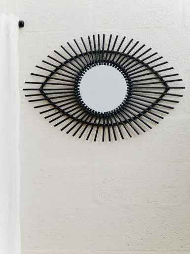 Mataram Black Natural Rattan Eye Shape Wall Mirror