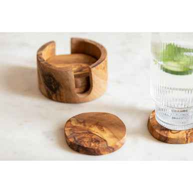 Kora Set Of 4 Olive Wood Round Coasters