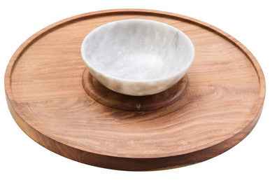 Kora Acacia Wood And White Marble Chip And Dip Plate
