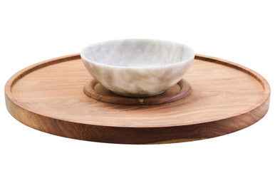 Kora Acacia Wood And White Marble Chip And Dip Plate