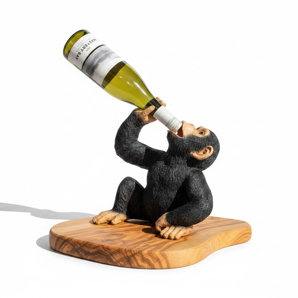 Funny Chimp Monkey Wine Bottle Holder | Luxury Olive Wood Base Countertop Display
