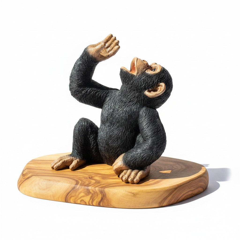 Funny Chimp Monkey Wine Bottle Holder | Luxury Olive Wood Base Countertop Display