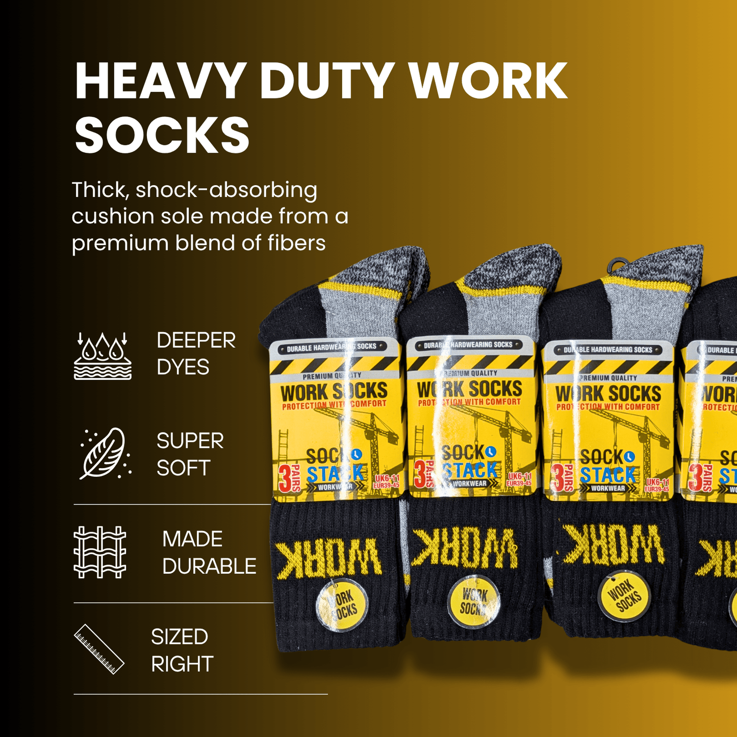 Sock Stack Men's Heavy Duty Work Socks 12 Pairs Cushion Sole Reinforced Toe Heel Black Breathable Cotton Rich Everyday Pack