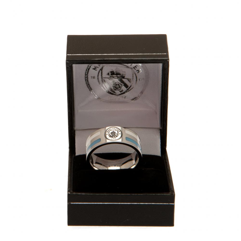 Manchester City FC Medium Colour Stripe Ring in Stainless Steel with Iconic Crest