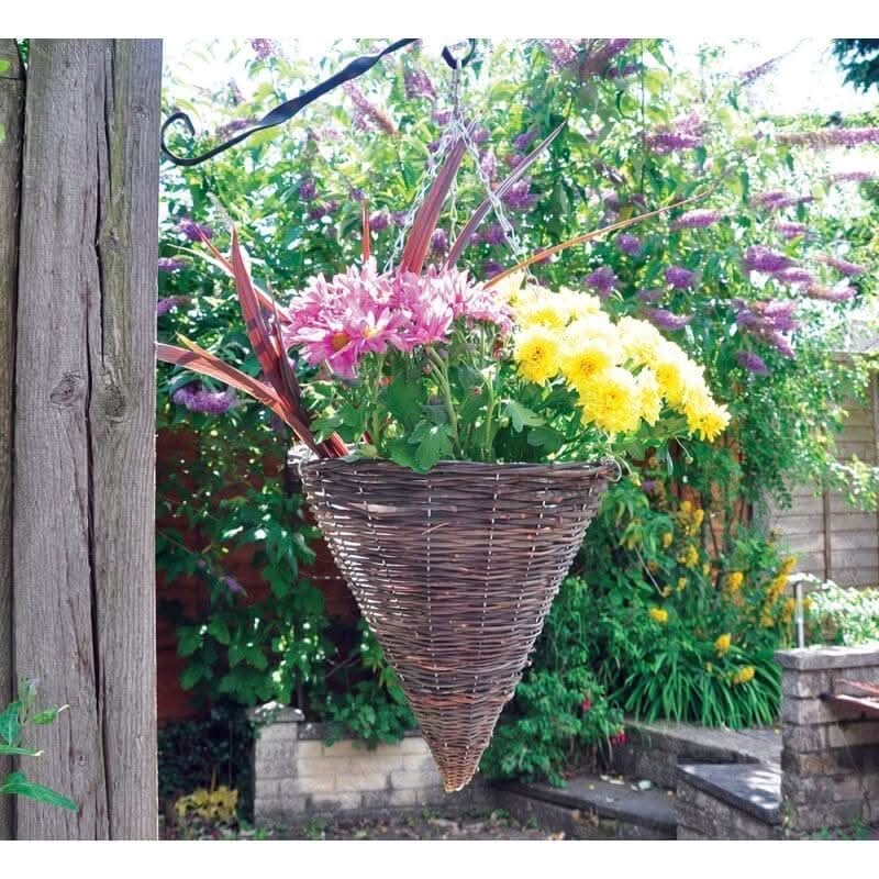 12 Inch Dark Rattan Cone Hanging Basket with Liner and Chain