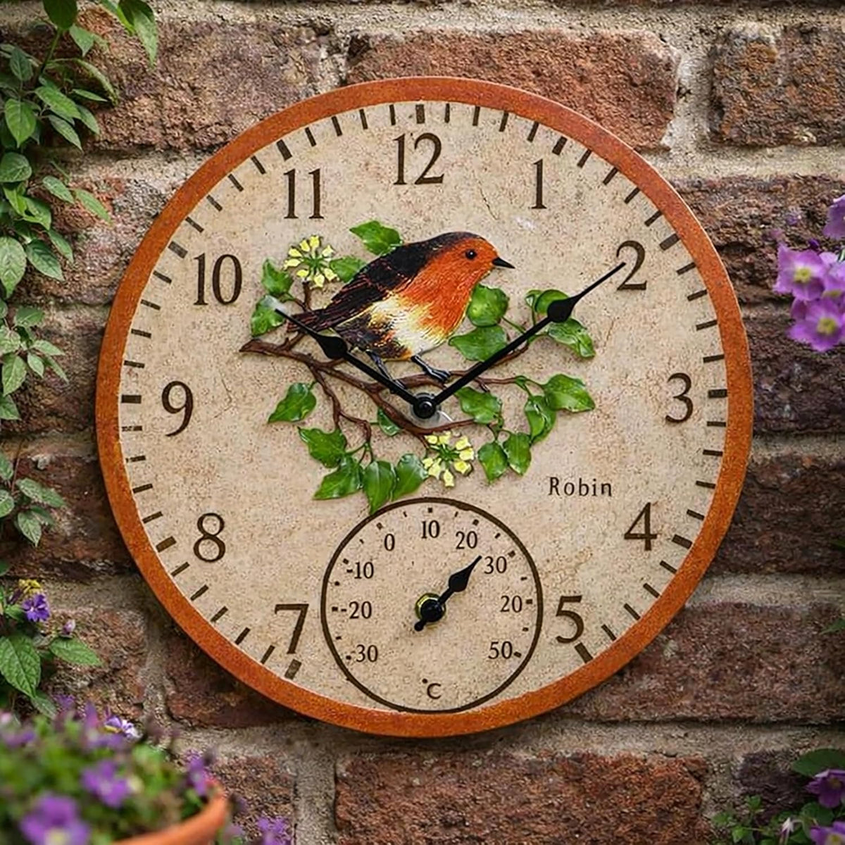 12 Inch Rustic Stone Effect Robin Wall Clock with Thermometer