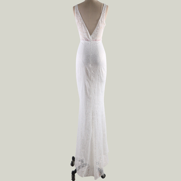 Deep V Sexy Lace Backless Dress Sleeveless White Trailing Dress