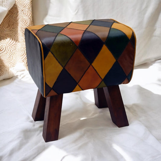 47CM LEATHER STOOL  Harlequin diamond pattern