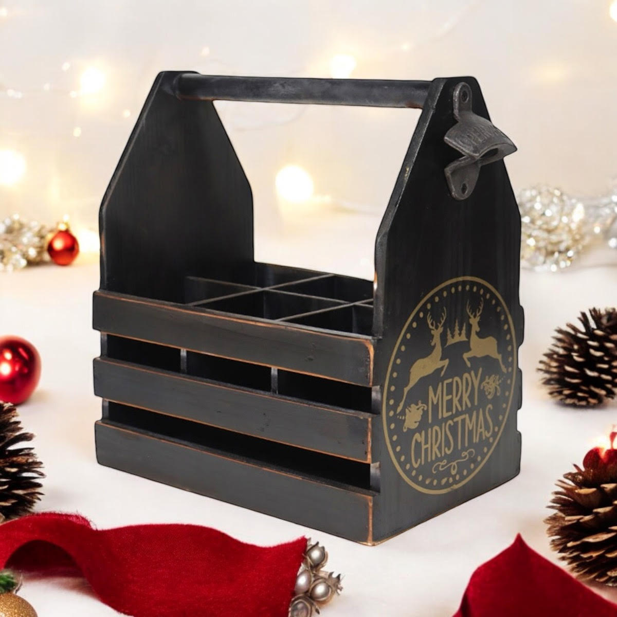 BLACK 6 BOTTLE HOLDER WITH METAL OPENER