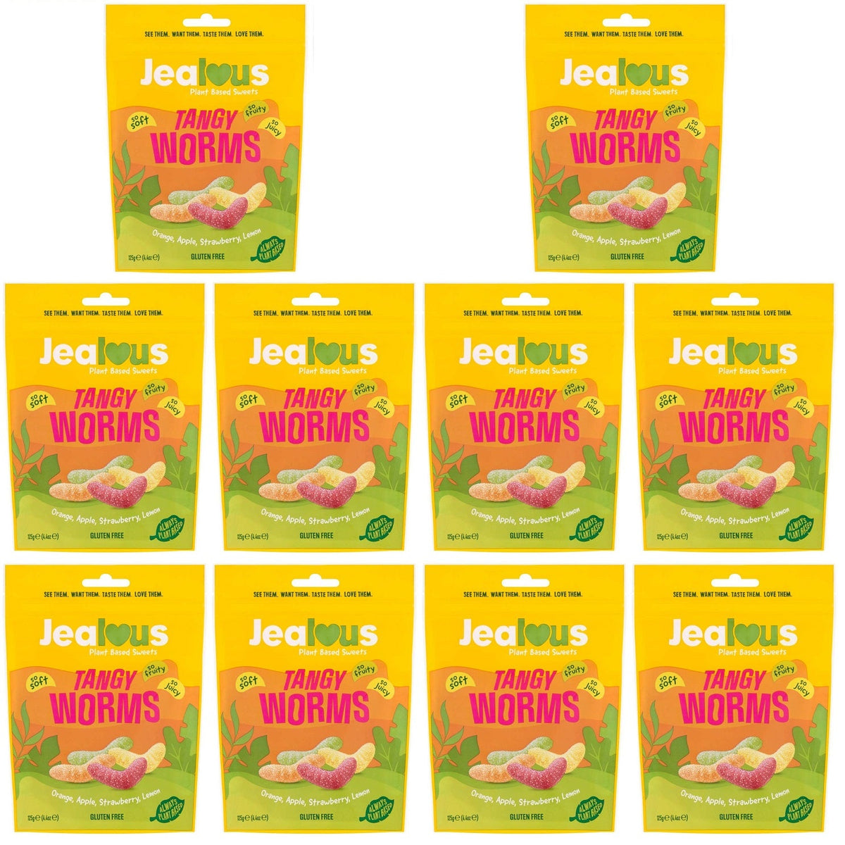 10 x Jealous Sweets Tangy Worms   Share Bag - 125g