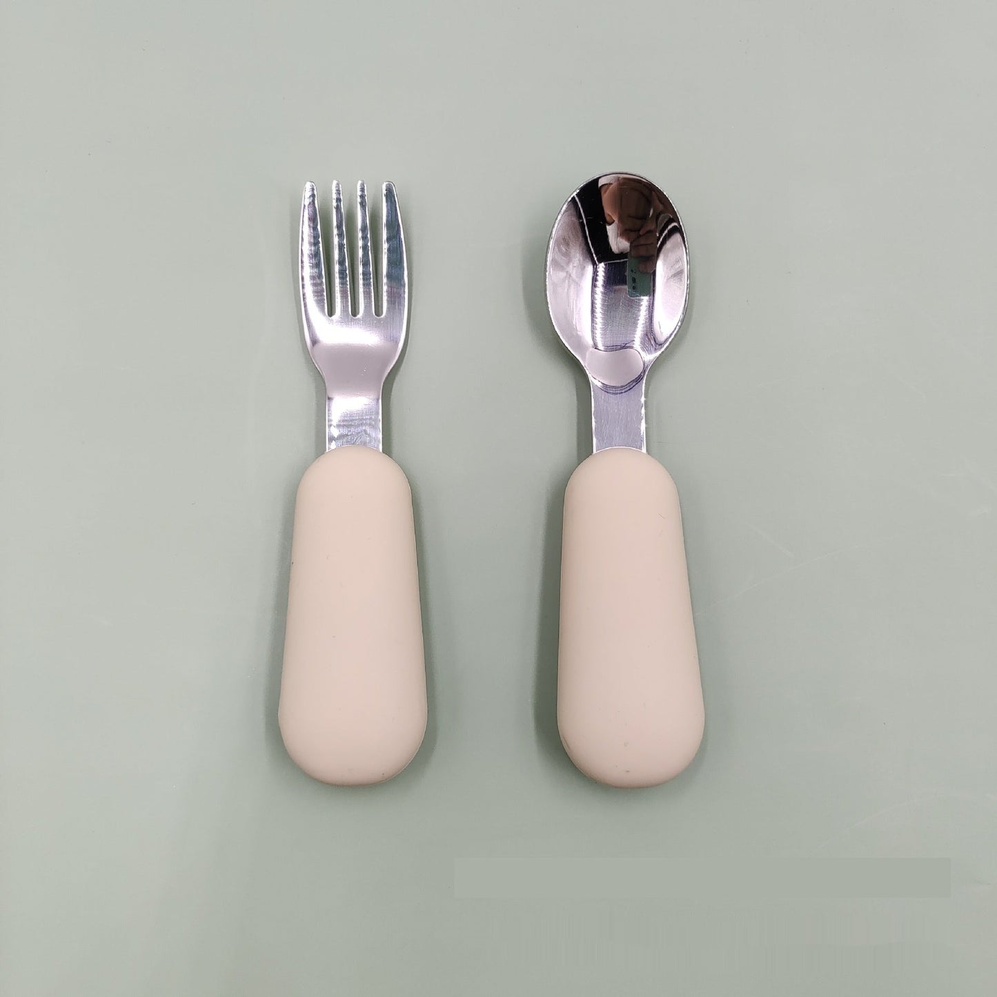 Stainless Steel Baby Spoon Fork Set - Short Handle Silicone Grip