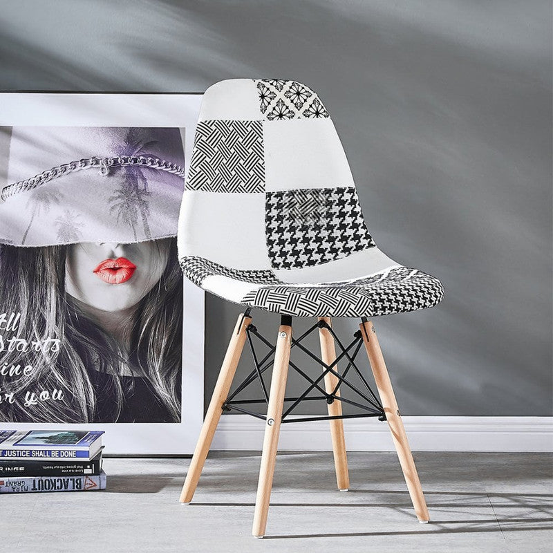 Black/White Patchwork Modern Dining Chair with Wooden Legs & Black Metal Wire Frame