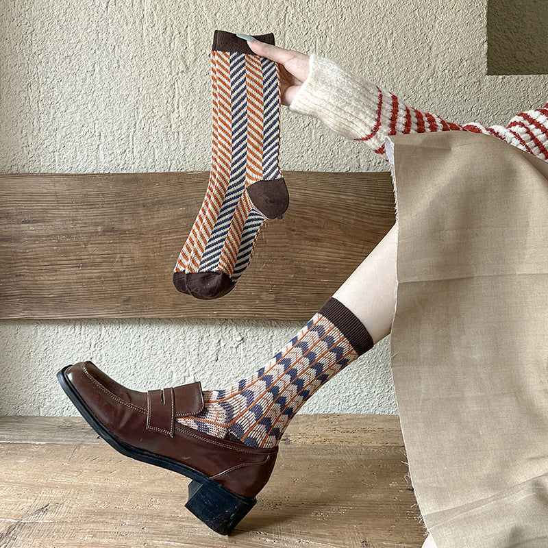 Double-Needle Dual-Channel Sweat-Absorbing Breathable Wireless Top Preppy-Style Mid-Calf Women's Socks