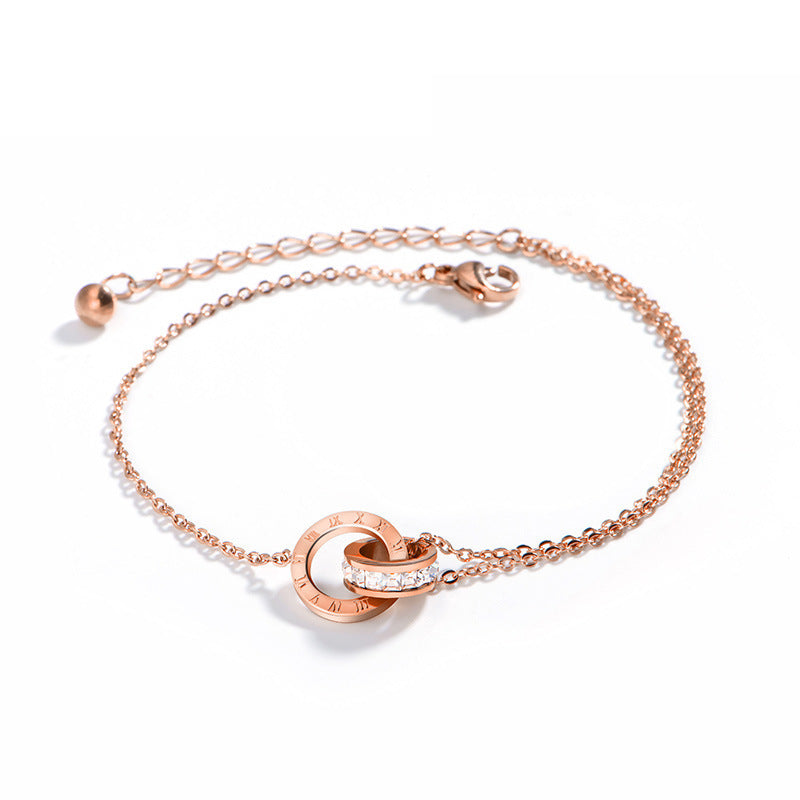 Luxury Diamond Zircon Roman Numeral Titanium Steel Bracelet for Women - Rose Gold