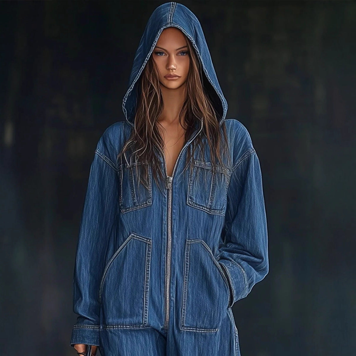 European And American Hooded Overall Jeans Women