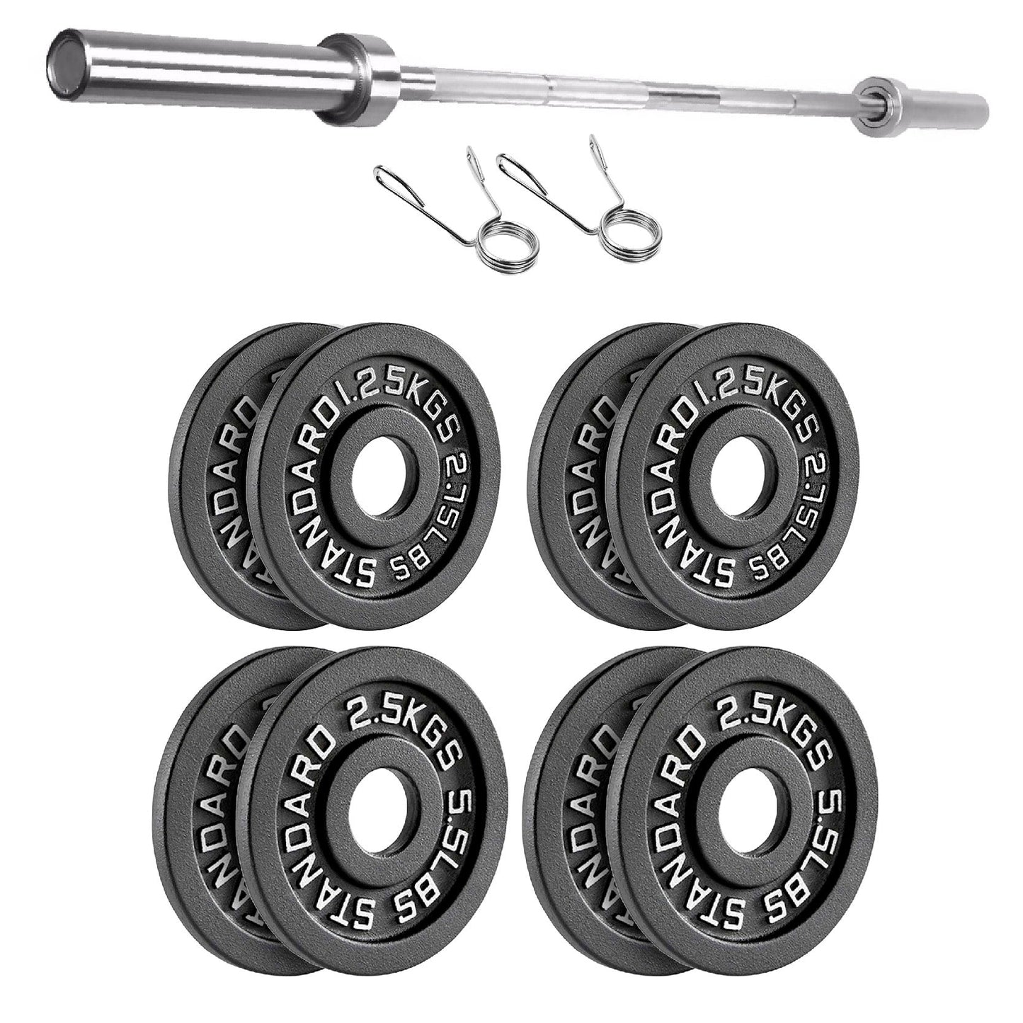 Cast Iron Weight Plates Set and Pair with Olympic Barbell + Clips