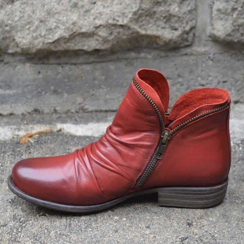 Round Toe Chunky Heel Double Zipper Ankle Boots