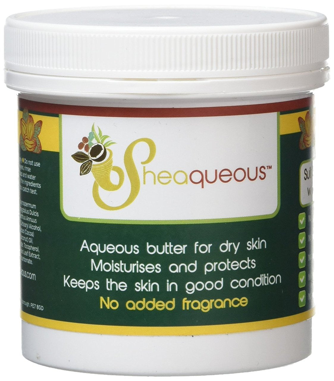 6 Pots of Sheaqueous Aqueous Cream with Organic Shea Butter, Almond Oil, cocoa butter, vitamin E. A natural aqueous cream for very dry skin, for Sensitive Skin, Children, Eczema prone skin , Use in Pregnancy for expanding tummy NO ADDED FRAGRANCE