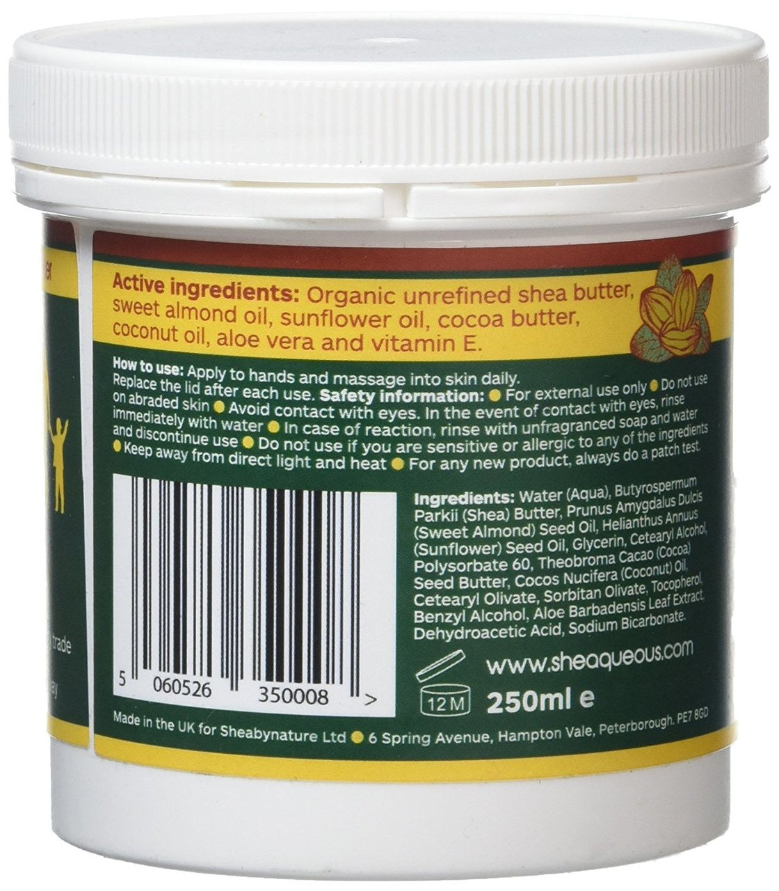 5 Pots of Sheaqueous Aqueous Cream with Organic Shea Butter, Almond Oil, cocoa butter, vitamin E. A natural aqueous cream for very dry skin, for Sensitive Skin, Children, Eczema prone skin , Use in Pregnancy for expanding tummy NO ADDED FRAGRANCE